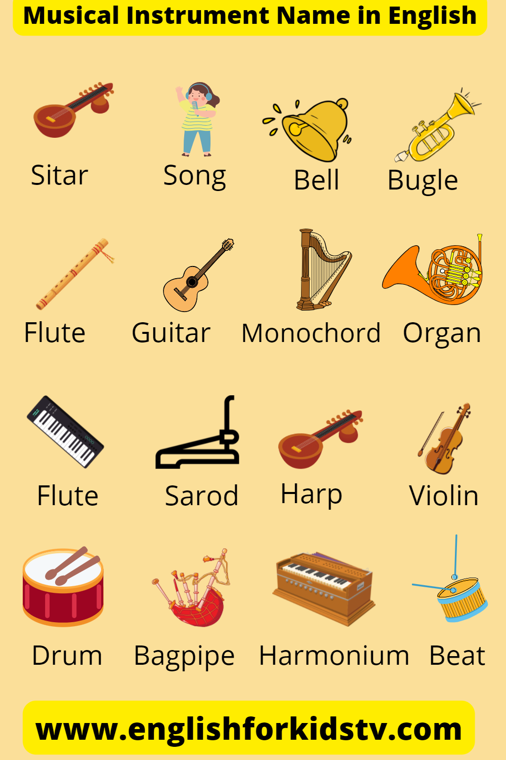 Musical Instruments Name with Pictures English For Kids