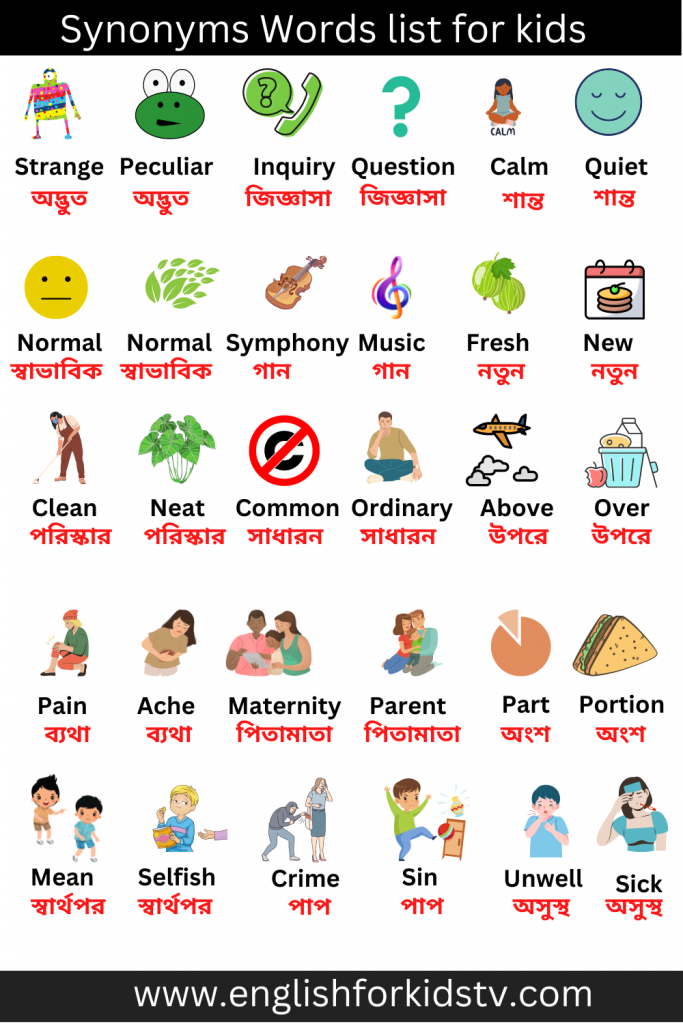 Synonyms Words list for kids