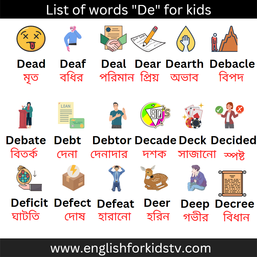 List of words "De" for kids