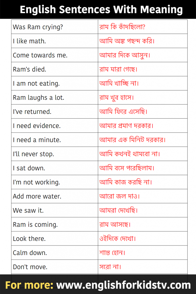 English sentences with Bengali meaning for kids