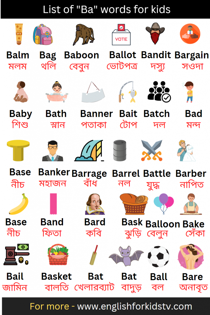 Stating words "Ba" with meaning English For Kids