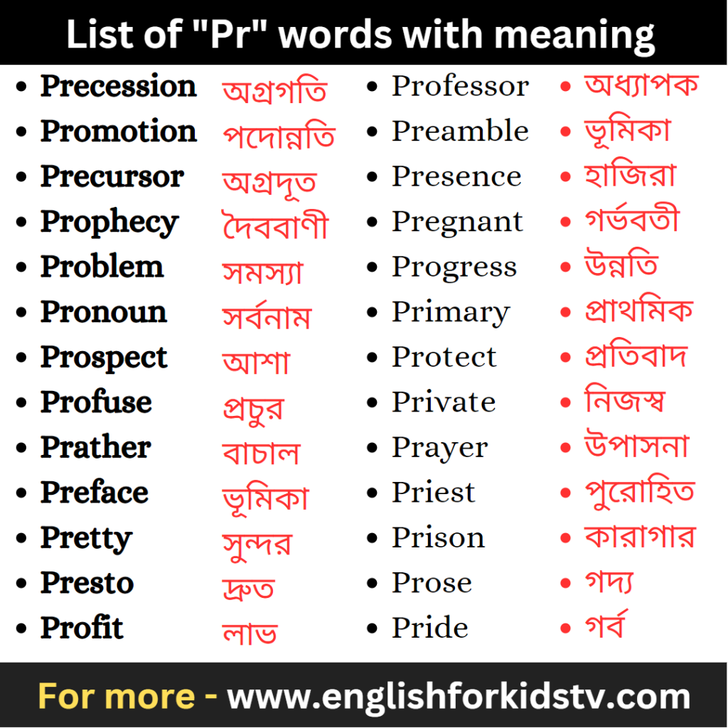 List of pr words with meaning english for kids