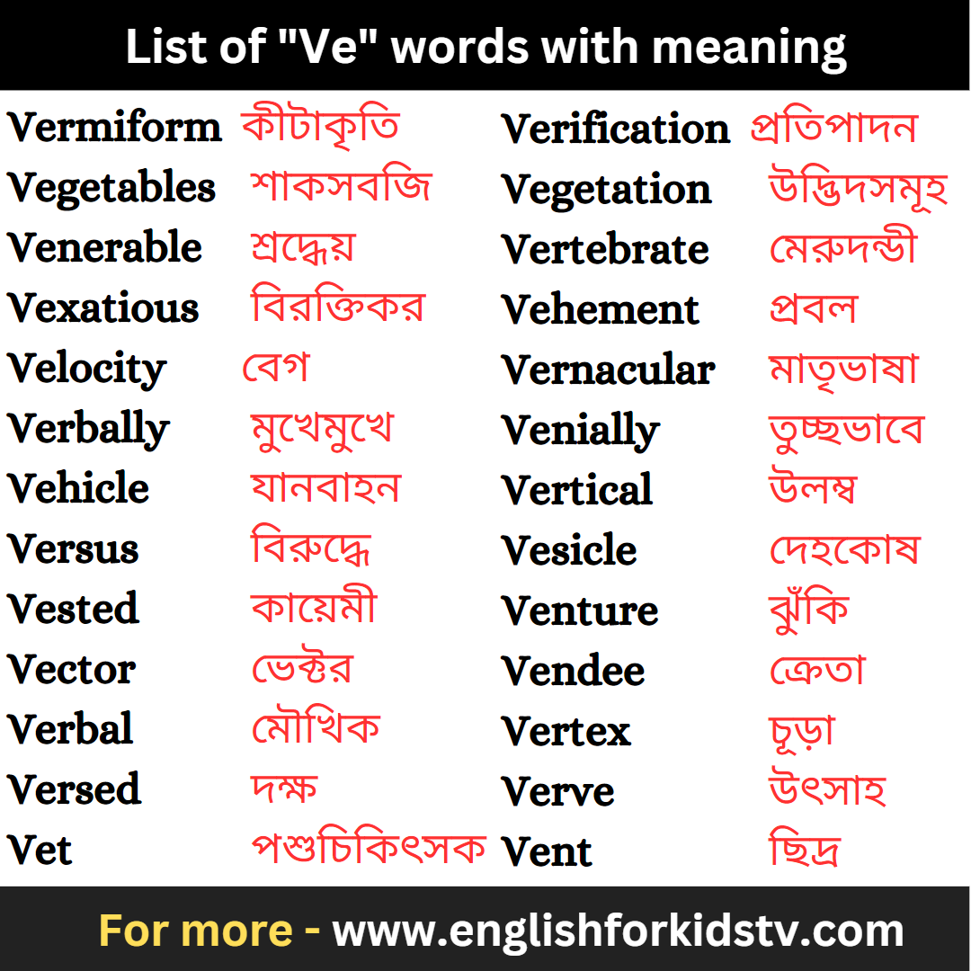 List of "Ve" words with meaning