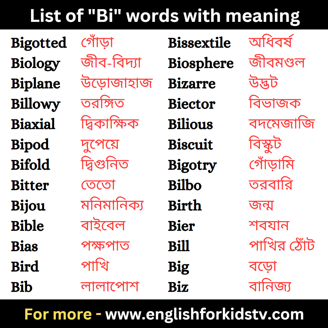 List of "Bi" words with meaning English For Kids